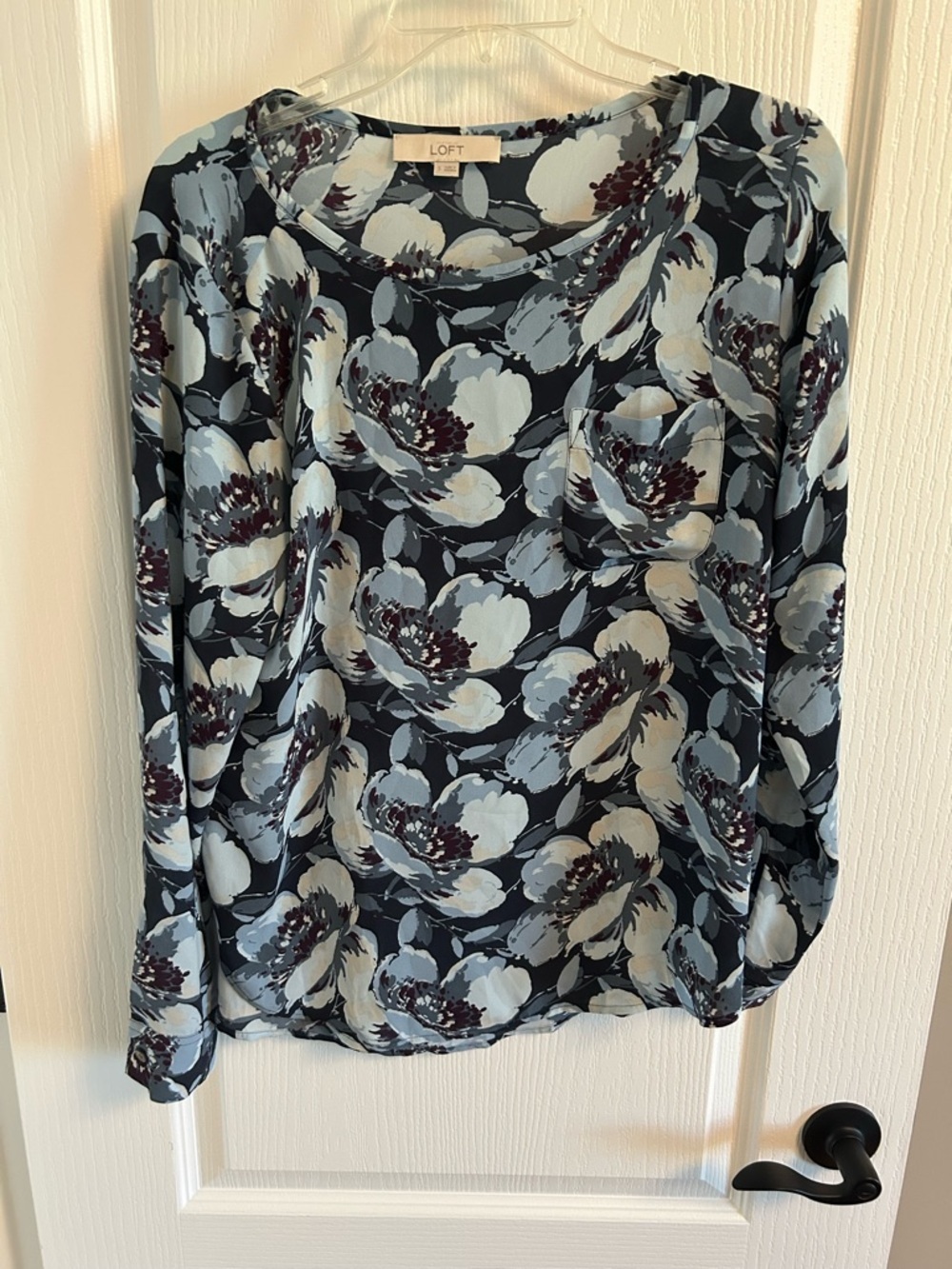 LOFT Navy Floral Long-Sleeve Tee with Light Blue and Maroon Accents